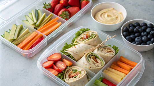 Gesunde Snackbox für den Schreibtisch mit Gemüse-Sticks und Dips